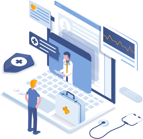 Healthcare AI illustration showing mental care consultation with AI technology