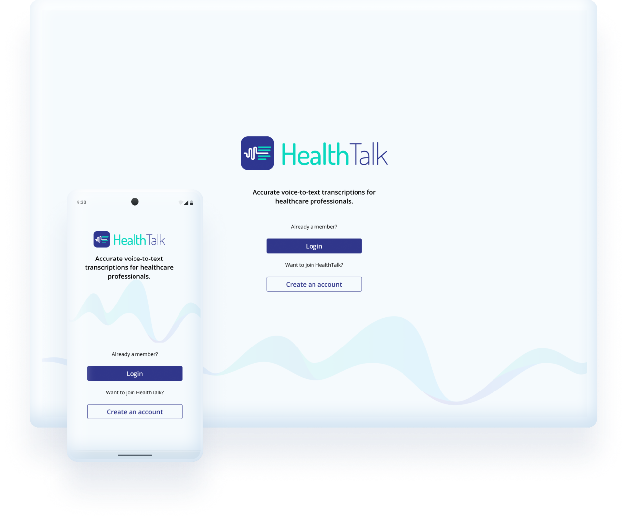 HealthTalk app login interface showing mobile and web views with voice-to-text transcription branding
