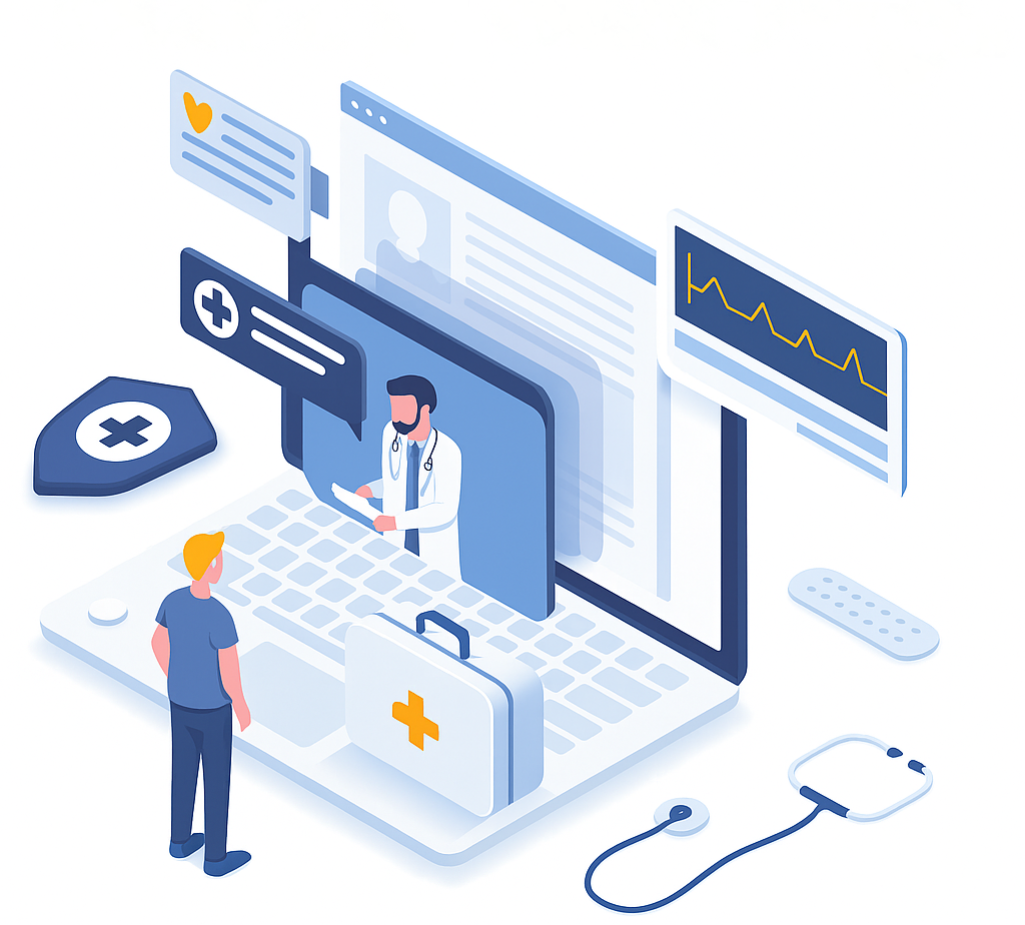Telemedicine illustration showing doctor-patient consultation via digital healthcare platform