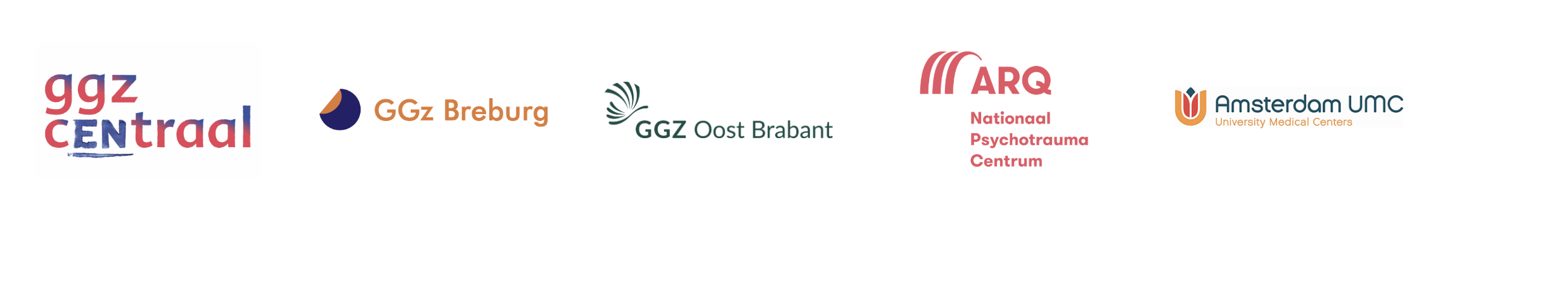 Our partners: GGZ Centraal, GGz Breburg, GGZ Oost Brabant, ARQ Nationaal Psychotrauma Centrum, Amsterdam UMC